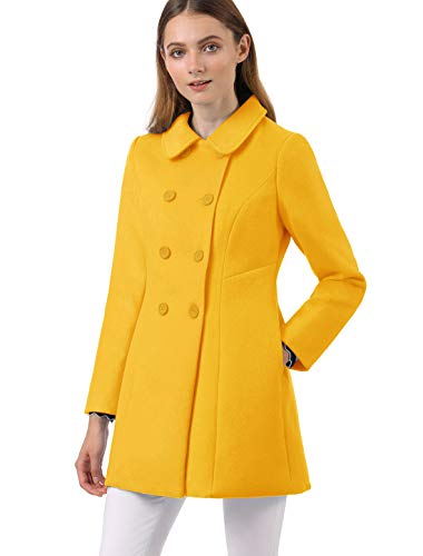 Allegra K Abrigo Collar Peter Pan Trench Doble Botonadura de Mujer Amarillo Mostaza L