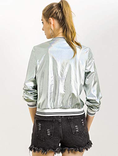 Allegra K Chaqueta De Bombardero Moda Holográfica Cremallera Ligero Metálico Collar del Soporte para Mujer Plata Claro M