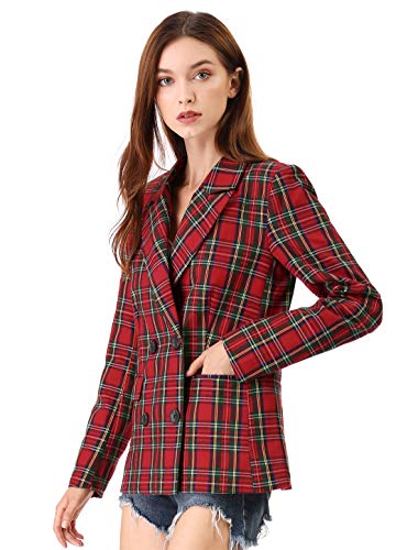 Allegra K Chaqueta Formal A Cuadros Doble Hilera De Botones Solapa con Muescas para Mujeres Rojo Verde M