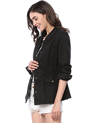 Allegra K Chaqueta Utilitaria Bolsillos con Solapa Cordón De La Cintura para Mujer Negro XS