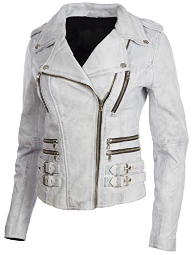 Aviatrix Chaqueta Biker De Cuero Autentica para Mujer con Multiples Cremalleras (AGSM)