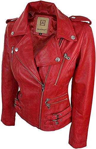 Aviatrix. Chaquetea para mujer de cuero auténtico, diseño retro, color rojo rojo XXXL