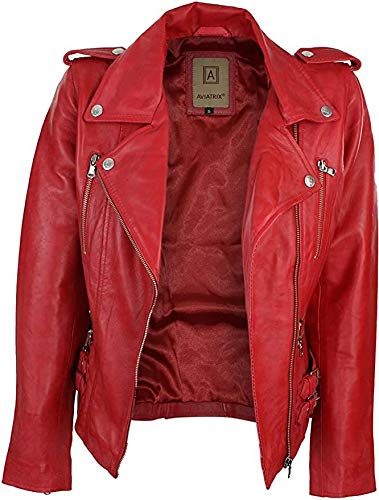 Aviatrix. Chaquetea para mujer de cuero auténtico, diseño retro, color rojo rojo XXXL