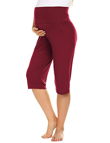 Balancora Pantalón pirata de mujer para el embarazo, pantalones resistentes para el embarazo, longitud 3/4, ideal para verano y yoga, con abdomen extra borgoña S