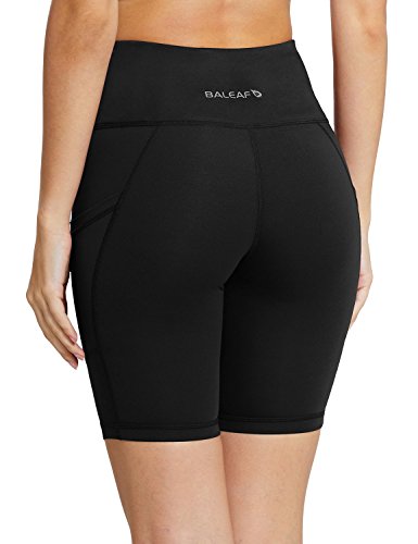 BALEAF - Malla compresiva corta con cintura alta y bolsillos laterales para mujer; para practicar yoga, ciclismo, running. Tallas normales y grandes - Negro - M