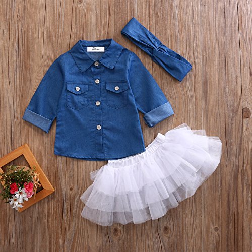 Bebé Niñas Pequeñas Traje Camisa Denim de Manga Larga + Falda Blanco de Tul + Diadema 3 Piezas Conjunto de Top Blusa Vaquera Falda Venda de Pelo (Azul, 3-4 Años)