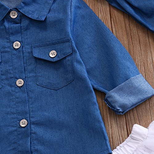 Bebé Niñas Pequeñas Traje Camisa Denim de Manga Larga + Falda Blanco de Tul + Diadema 3 Piezas Conjunto de Top Blusa Vaquera Falda Venda de Pelo (Azul, 1-2 Años)