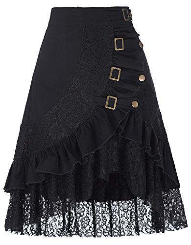 Belle Poque Mujer Falda Asimétrica de Fiesta Combinado Encaje con Botones Ajustables para Cñoctel L Negro