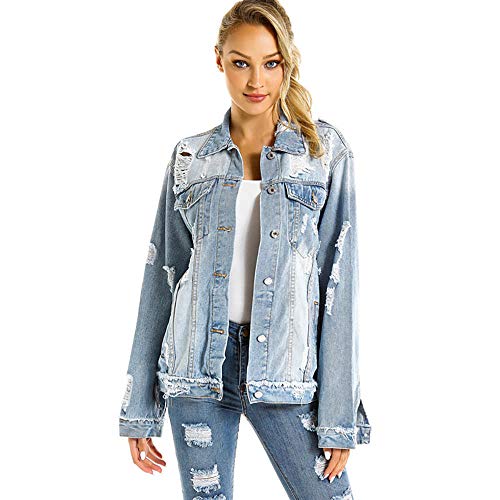 BEUHOME Chaqueta Vaquera para Mujer Casual Slim Fit Cazadora De Denim Abrigos De Gran Tamaño Flojo Agujero Vaquero Arriba Sweatshirt Agujero