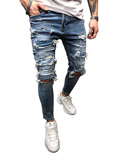 BMEIG Jeans Rasgados Hombres Vaqueros Denim Skinny Moda Pantalones Slim Fit Jeans Rotos Ripped Flaco Biker Jeans Diseñador Clásico Pantalones S-2XL Azul