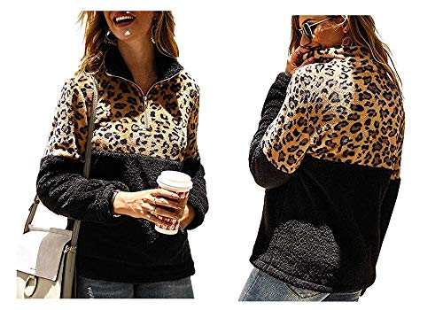 Boni caro Sudaderas de Forro Polar con Capucha para Mujer, Jersey de Manga Larga Cremallera con Bolsillos-Chaqueta de Felpa de Suéter Suelta, Abrigo Deportivo de İnvierno (Leopardo Negro, 40-42)