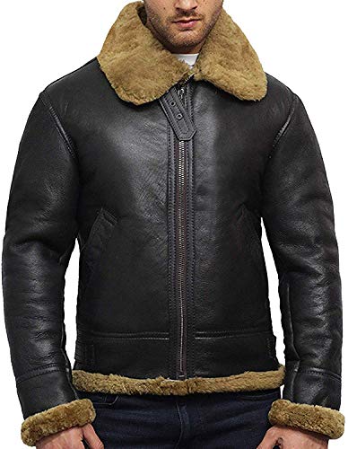 BRANDSLOCK Para Hombre del Aviador B3 Mundial 2 Guerra Real de Piel de Oveja de Piel de Oveja Chaqueta de Vuelo (M, Marron)