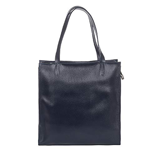 CAGIA Bolso de mano de cuero genuino para mujer - Bolso elegante para trabajo, oficina y compras - Bolso de mano moderno de asas para hombro planas y cremallera duradera – Azul Marino