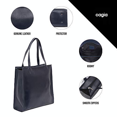 CAGIA Bolso de mano de cuero genuino para mujer - Bolso elegante para trabajo, oficina y compras - Bolso de mano moderno de asas para hombro planas y cremallera duradera – Azul Marino