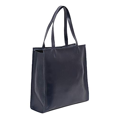 CAGIA Bolso de mano de cuero genuino para mujer - Bolso elegante para trabajo, oficina y compras - Bolso de mano moderno de asas para hombro planas y cremallera duradera – Azul Marino