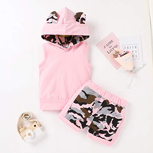 Carolilly Conjunto de 2 piezas de ropa deportiva para niña de verano militar sin mangas con capucha + pantalones cortos Rosa 6-12 Meses