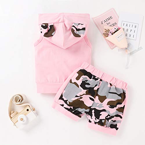 Carolilly Conjunto de 2 piezas de ropa deportiva para niña de verano militar sin mangas con capucha + pantalones cortos Rosa 6-12 Meses