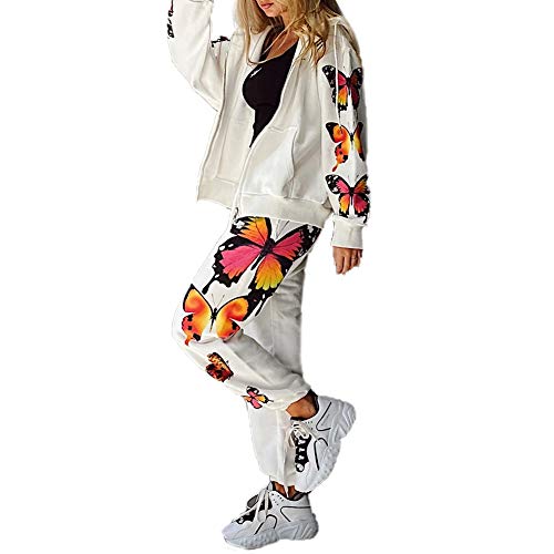 Chándal de Mujer 2 Piezas Traje Deportivo Top Sudadera Chaqueta de Manga Larga con Capucha y Estampado de Mariposas + Pantalones Largos de Cintura Alta Conjunto de Ropa para Deportes (Blanco, XL)