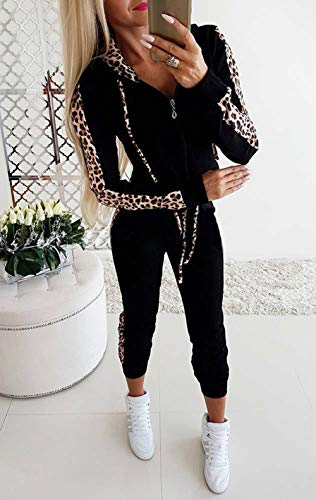 Chándal para Mujer 2 Piezas Traje Deportivo de Patrones Leopardo Top Chaqueta Manga Larga con Capucha y Cremallera Pantalones Largos de Cintura Alta Ropa de Deporte Gimnasio Fitness Yoga Negro S