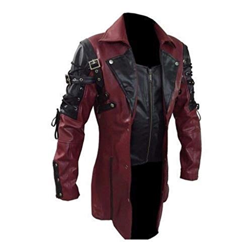 Chaqueta Cuero Hombre Moto Chaquetas Vintage Gótico Steampunk Medieval Abrigo Largo Piel Sintetico Cazadoras Cosplay Fiesta Hombres Invierno Jacket Rompevientos Yvelands(Rojo,XXL)