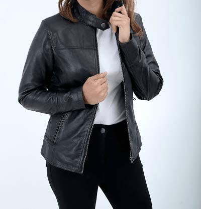 Chaqueta de piel de cordero para mujer, de piel de cordero, color negro, ajuste entallado, vintage, elegante, de piel, para mujer