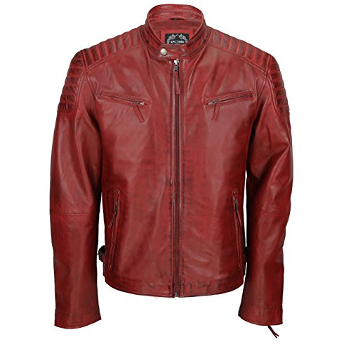 Chaqueta de piel suave para hombre, corte ajustado, chaqueta estilo biker con cremallera, retro, color marrón lavado Rojo rojo (Maroon) XXX-Large