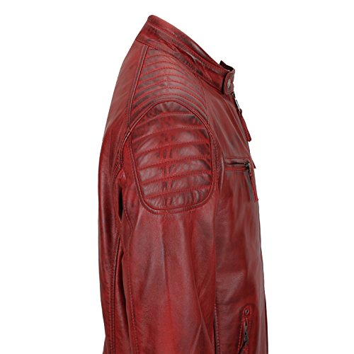 Chaqueta de piel suave para hombre, corte ajustado, chaqueta estilo biker con cremallera, retro, color marrón lavado Rojo rojo (Maroon) XXX-Large