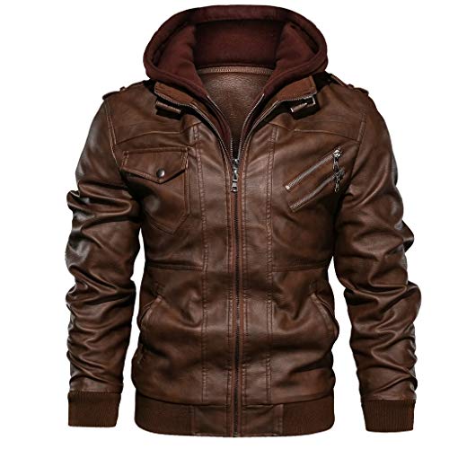 Chaqueta Vintage Hombre Cazadoras Moto Cuero Artificial Abrigo Gruesos Invierno Termica Chaquetas con Capucha Tops Cuello Alto con Hebilla de Piel Moda Yvelands(marrón,XXL)