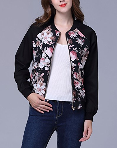 Chaquetas De Mujer Elegantes Vintage Flores Estampado Bomber Jacket Basic Manga Larga Stand Cuello con Cremallera Moda Casual Outdoor Primavera Otoño Abrigos Outerwear Ropa