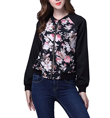 Chaquetas De Mujer Elegantes Vintage Flores Estampado Bomber Jacket Basic Manga Larga Stand Cuello con Cremallera Moda Casual Outdoor Primavera Otoño Abrigos Outerwear Ropa