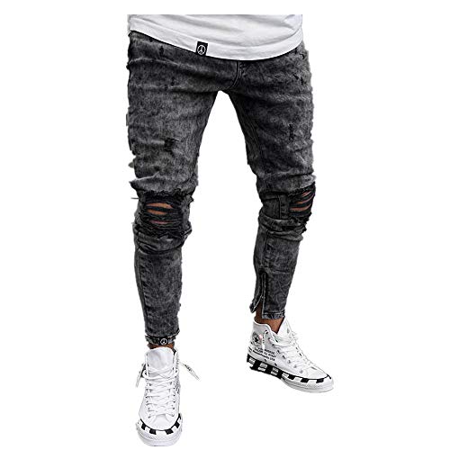 Chickwin Pantalones Vaqueros Hombre Rotos, Skinny Slim Fit Insignia Largos de Mezclilla de Cintura Baja de Pitillo Deportivos Elástico Cremallera Rota Jeans De Bolsillo (L, Negro)