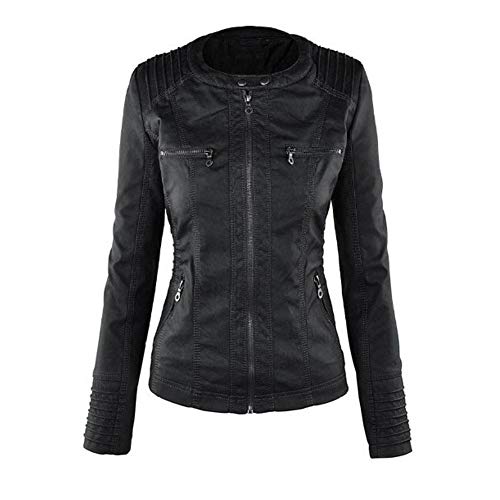 CNBOY Mujer Cazadoras Polipiel Chaqueta Mujeres, Invierno Cremallera Jackets Chaquetas Deportiva Cuero Moto Cazadoras Imitacion Piel Biker Abrigos con Capucha (Negro, XXL)