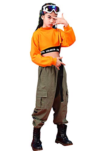 Conjunto de 3 Piezas Ropa de Hip Hop para niñas Elegante Traje de Baile Callejero, Chaleco, Camiseta, Pantalones Cargo, Naranja, 160