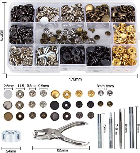 Corchetes de Presión Metálicos, 140 Pcs Botones de Presión, Remaches de Cuero, Remache de Doble Tapa, 6 Colores Kit de Herramienta de Botón Snap Metal Artesanía para Ropa/Cuero/Vaquero/Bolsos