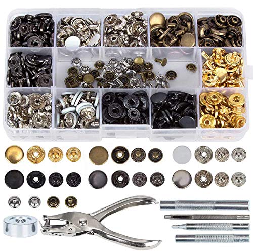 Corchetes de Presión Metálicos, 140 Pcs Botones de Presión, Remaches de Cuero, Remache de Doble Tapa, 6 Colores Kit de Herramienta de Botón Snap Metal Artesanía para Ropa/Cuero/Vaquero/Bolsos