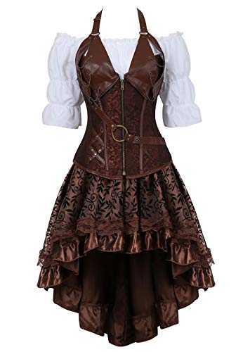 Corset Steampunk Mujer Bustier Sexy gotico Pirata Bordado Cuero Corsé y Falda Tutú Vestidos Tul y Blanco Blusa Fiesta Marrón XL