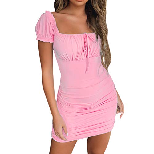 COZOCO Mujer Verano Vestido De Bohemia De Cintura Alta Casual Sexy para Mujer Vestido Midi Estampado Nacional De Cuello Vestidos Boho De Playa NiñA(Rosa,EU-38/CN-L)