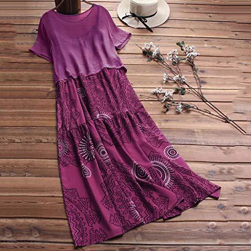 COZOCO Mujer Vestido Cuello V Playa Dress Vestido Verano Mujer Punto Falda Larga Elegante Casual Dress (Rosado,EU-46/CN-4XL)