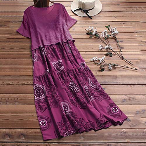 COZOCO Mujer Vestido Cuello V Playa Dress Vestido Verano Mujer Punto Falda Larga Elegante Casual Dress (Rosado,EU-46/CN-4XL)