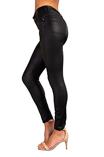 Crazy Lover Mujer Sexy Leggins Cuero con Bolsillo Skinny Elástico Pantalón | Leggings De Motorista con Apariencia De Cuero Y Cintura Baja con Estilo Ajustado Y Sexy para Damas | Negro 2, Tamaño: 40