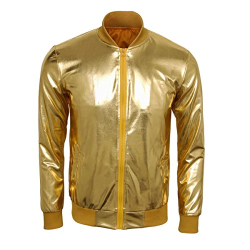 CUSFULL Hombres Béisbol Varsity Bomber Chaqueta Chaqueta de Cremallera Frontal Metalizado Casual Slim Fit Chaqueta para Party Dance Nightclub Danza Fiesta Nocturna Fiesta de Navidad etc (XXL, Dorado)