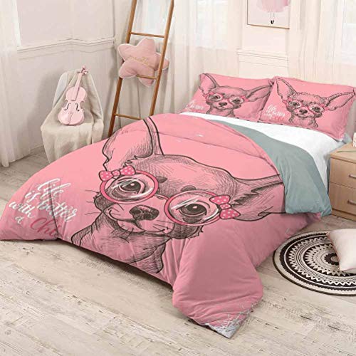 DayDayFun Juego de edredón para sofá Cama Funda de edredón para Perros con patrón Chica Chihuahua Dibujo Ilustración con Cita Moda Gafas Cintas Cachorro Tamaño Completo Rosa pálido Verde Militar