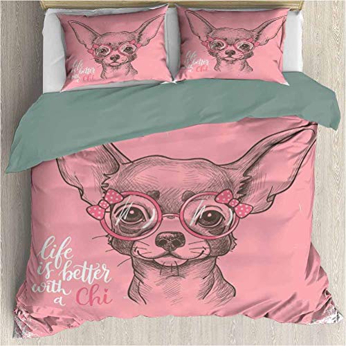 DayDayFun Juego de edredón para sofá Cama Funda de edredón para Perros con patrón Chica Chihuahua Dibujo Ilustración con Cita Moda Gafas Cintas Cachorro Tamaño Completo Rosa pálido Verde Militar