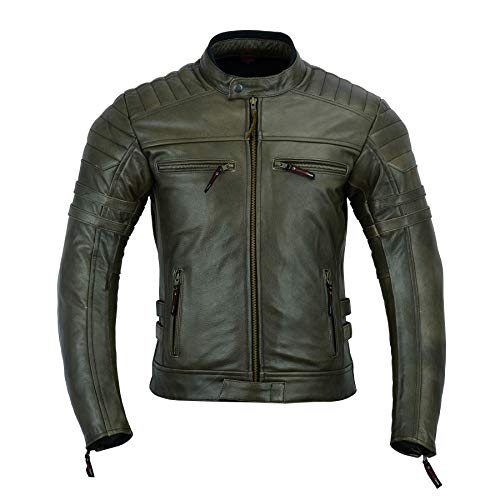 DC-4092 - Chaqueta de piel para motorista con armadura para hombre, color marrón.