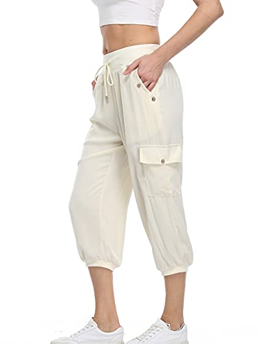 Dilgul Pantalones Mujer 3/4 Pantalones de Deporte Casual Recortados Elásticos Yoga Running Jogger Fitness Pantalones Chandal con Bolsillo Beige XX-Large