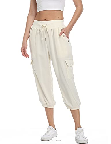 Dilgul Pantalones Mujer 3/4 Pantalones de Deporte Casual Recortados Elásticos Yoga Running Jogger Fitness Pantalones Chandal con Bolsillo Beige XX-Large