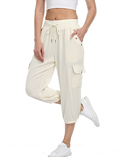 Dilgul Pantalones Mujer 3/4 Pantalones de Deporte Casual Recortados Elásticos Yoga Running Jogger Fitness Pantalones Chandal con Bolsillo Beige XX-Large