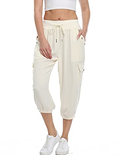 Dilgul Pantalones Mujer 3/4 Pantalones de Deporte Casual Recortados Elásticos Yoga Running Jogger Fitness Pantalones Chandal con Bolsillo Beige XX-Large