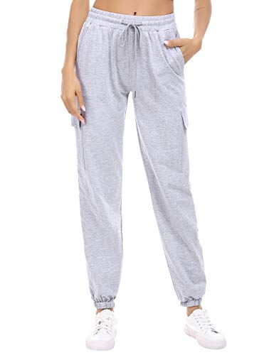 Doaraha Pantalones Deportivos Mujer Algodón Pantalón de Chándal Largo Elásticos Transpirables con Bolsillos Laterales para Deporte Gimnasio Fitness Correr (Gris Claro, S)