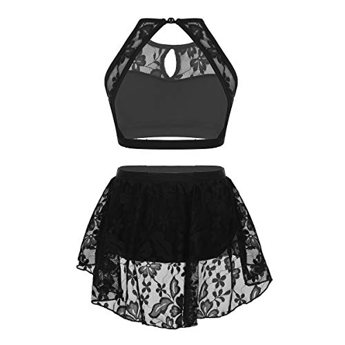 dPois 2 pc Conjunto Espalda Escotada para Niña Baile Jazz Ballet Crop Top Corto + Pantalones Cortos con Falda Tutú Traje de Encaje Flores Lírica Danza Contemporánea Moderna Negro 9-10 Años